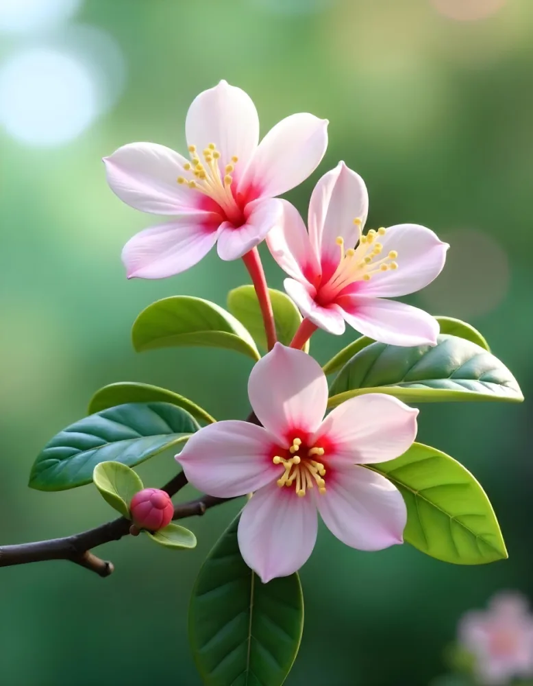 Pink Flowers With Pink Stamens And Yellow Leaves On A Branch With A Blurred Pink Background 26 D3ca