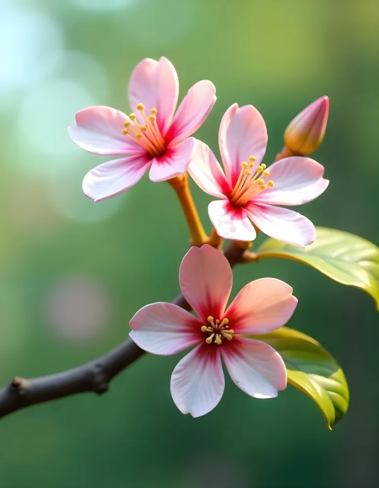 Pink Flowers With Pink Stamens And Yellow Leaves On A Branch With A Blurred Pink Background 28 54cc