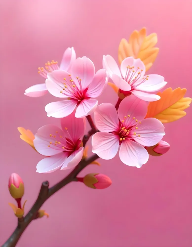 Pink Flowers With Pink Stamens And Yellow Leaves On A Branch With A Blurred Pink Background 31 105d