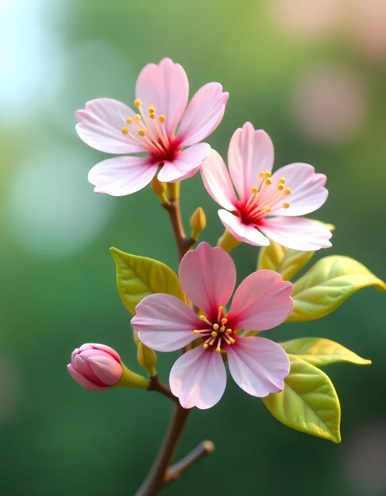 Pink Flowers With Pink Stamens And Yellow Leaves On A Branch With A Blurred Pink Background 38 1236