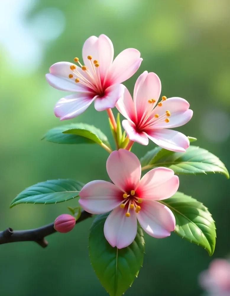 Pink Flowers With Pink Stamens And Yellow Leaves On A Branch With A Blurred Pink Background 47 C007