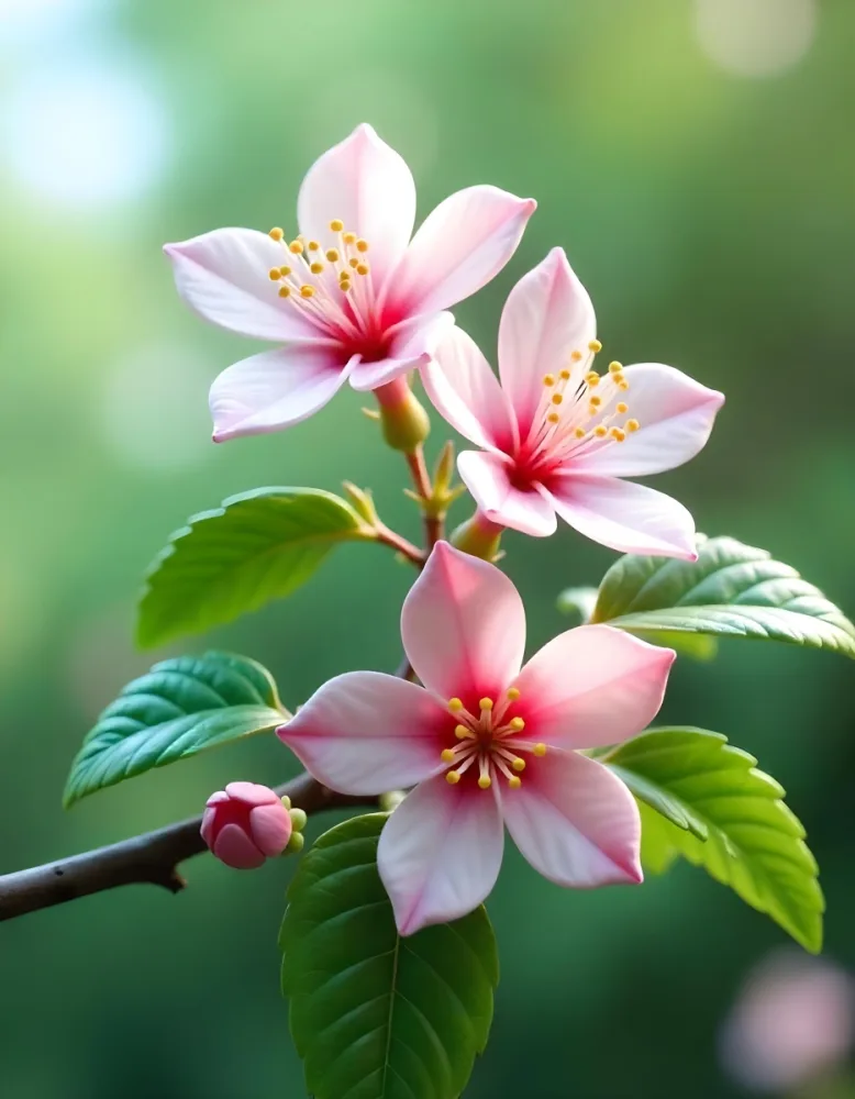 Pink Flowers With Pink Stamens And Yellow Leaves On A Branch With A Blurred Pink Background 56 9a68