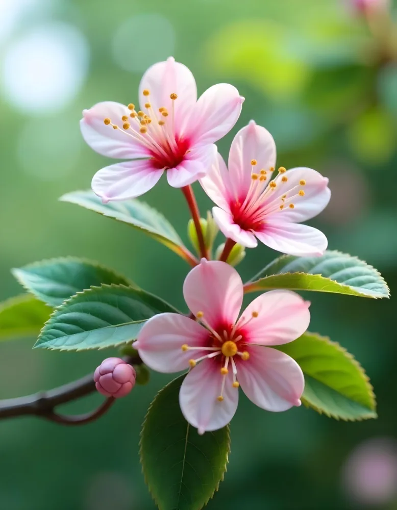 Pink Flowers With Pink Stamens And Yellow Leaves On A Branch With A Blurred Pink Background 72 E95e