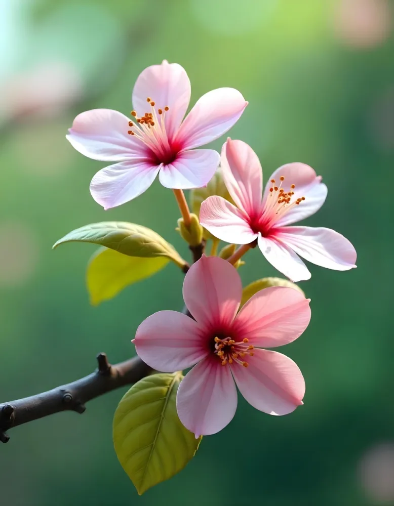 Pink Flowers With Pink Stamens And Yellow Leaves On A Branch With A Blurred Pink Background 73 60bc