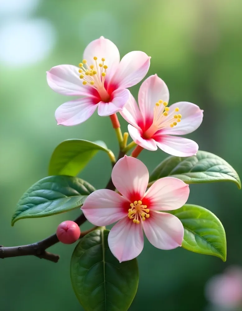 Pink Flowers With Pink Stamens And Yellow Leaves On A Branch With A Blurred Pink Background 74 A718