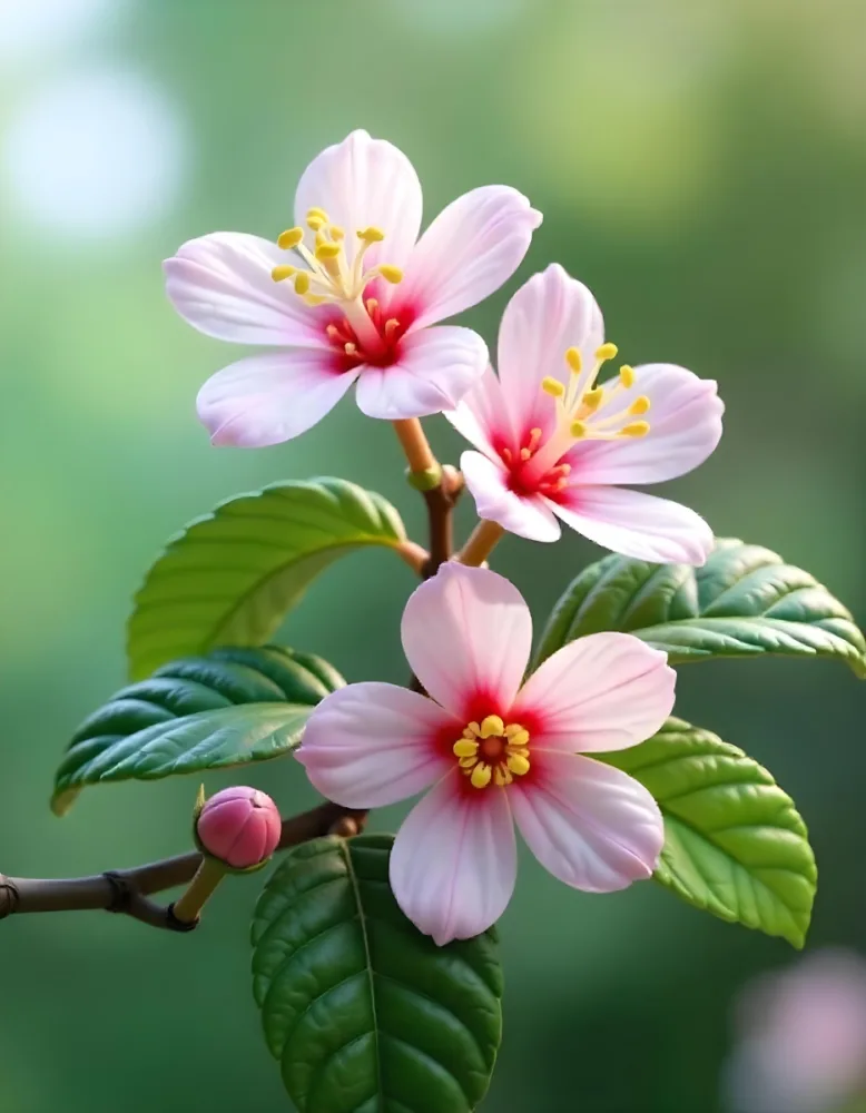 Pink Flowers With Pink Stamens And Yellow Leaves On A Branch With A Blurred Pink Background 75 7f43