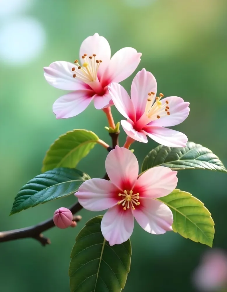 Pink Flowers With Pink Stamens And Yellow Leaves On A Branch With A Blurred Pink Background 76 Bb84