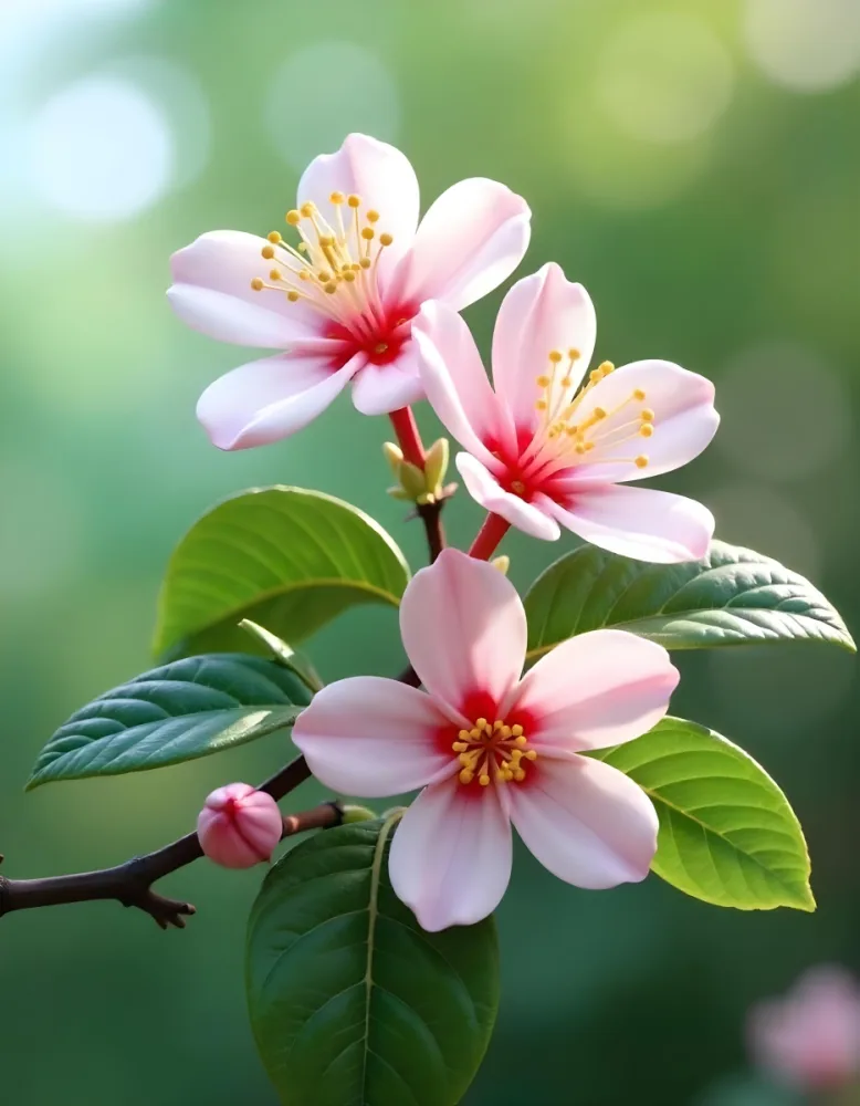 Pink Flowers With Pink Stamens And Yellow Leaves On A Branch With A Blurred Pink Background 77 2ef7