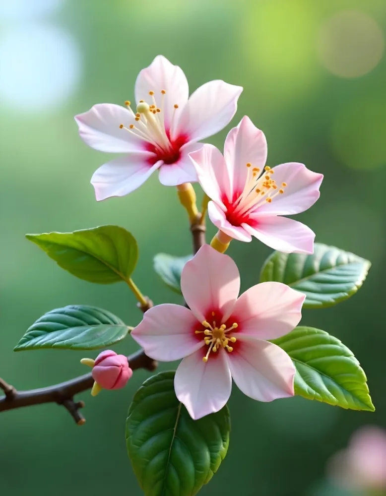 Pink Flowers With Pink Stamens And Yellow Leaves On A Branch With A Blurred Pink Background 78 Bcc7
