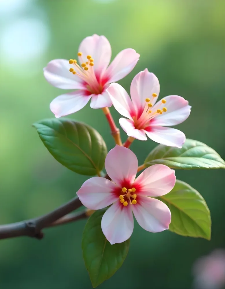 Pink Flowers With Pink Stamens And Yellow Leaves On A Branch With A Blurred Pink Background 79 5cbb