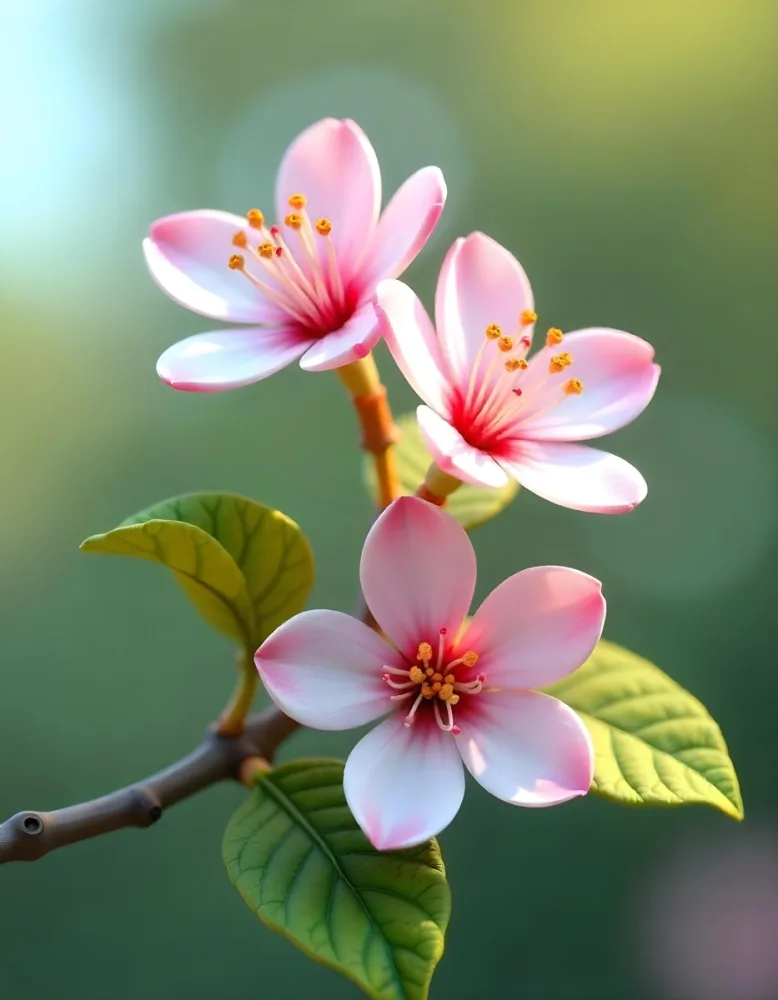 Pink Flowers With Pink Stamens And Yellow Leaves On A Branch With A Blurred Pink Background 80 A571
