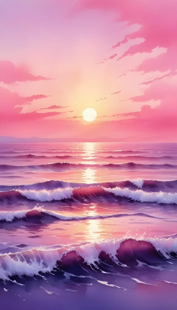 Pink Ocean With Small Waves The Sky Is Pink And Purple The Horizon Is Visible The Water Is Clear The Sun Is Setting 23 De3f