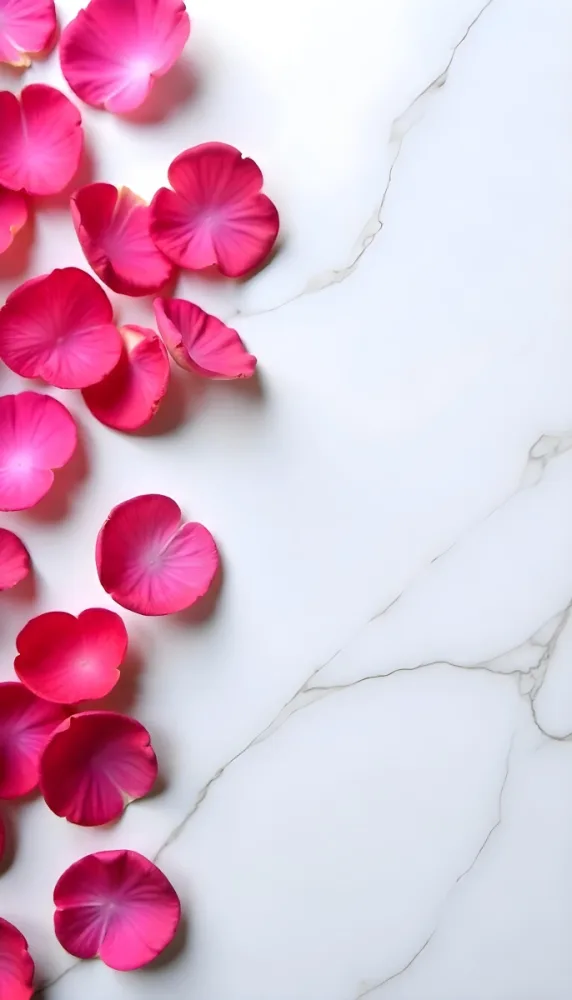 Pink Rose Petals Scattered On A White Marble Surface The Petals Are Vibrant And Fresh Creating A Visually Appealing Contrast Against The Smooth Surface 56 20cb