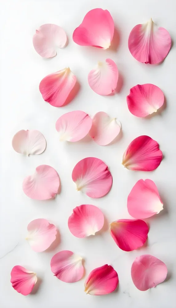 Pink Rose Petals Scattered On A White Marble Surface The Petals Are Vibrant And Fresh Creating A Visually Appealing Contrast Against The Smooth Surface 74 7428