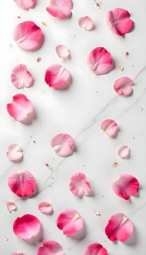 Pink Rose Petals Scattered On A White Marble Surface The Petals Are Vibrant And Fresh Creating A Visually Appealing Contrast Against The Smooth Surface 79 452b