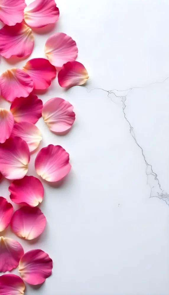 Pink Rose Petals Scattered On A White Marble Surface The Petals Are Vibrant And Fresh Creating A Visually Appealing Contrast Against The Smooth Surface 88 B42f