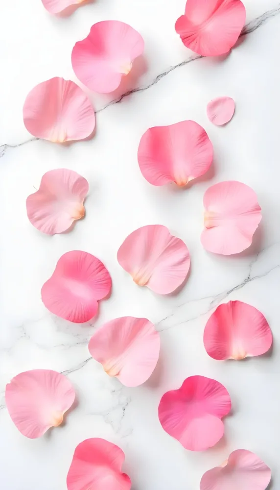Pink Rose Petals Scattered On A White Marble Surface The Petals Are Vibrant And Fresh Creating A Visually Appealing Contrast Against The Smooth Surface 96 56e7