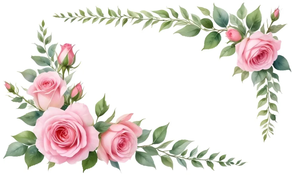 Pink Roses And Green Leaves In The Corners Of A White Background Floral Decoration Watercolor Painting Botanical Illustration Elegant Design Soft Colors Romantic Theme 9 Ad3e