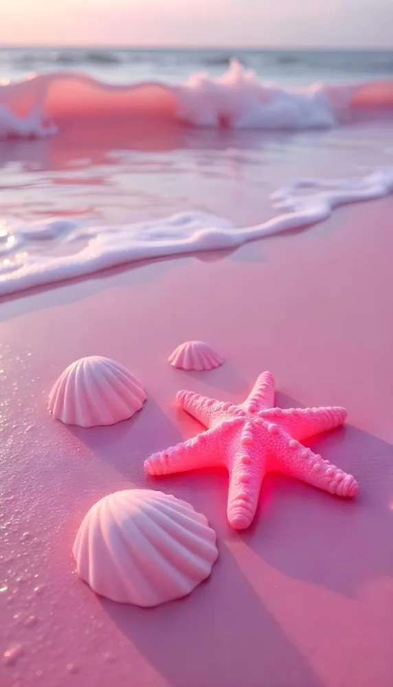 Pink Shells And Pink Starfish On A Pink Sand Beach With Pink Waves The Scene Is Monochromatic And Surreal The Shells Are Glowing The Sand Is Wet 33 Dde4