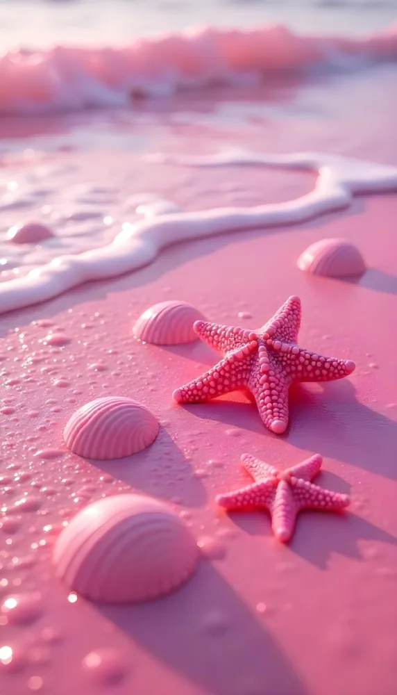 Pink Shells And Pink Starfish On A Pink Sand Beach With Pink Waves The Scene Is Monochromatic And Surreal The Shells Are Glowing The Sand Is Wet 74 9be6