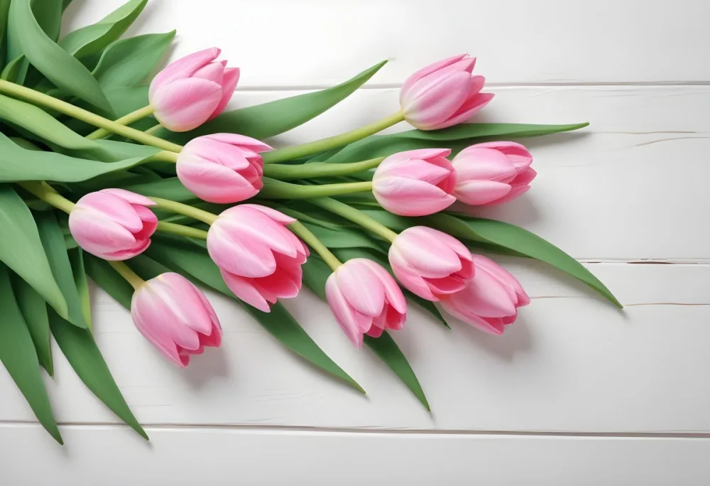 Pink Tulips With Green Leaves On A White Wooden Table Top View Soft Lighting Clean And Simple Composition Fresh And Vibrant Colors 19 98f0