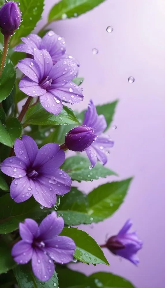 Purple Flowers And Green Leaves With Water Drops On A Light Purple Background Close Up Shot Vibrant Colors Refreshing Natural Light Clean Composition 24 D429