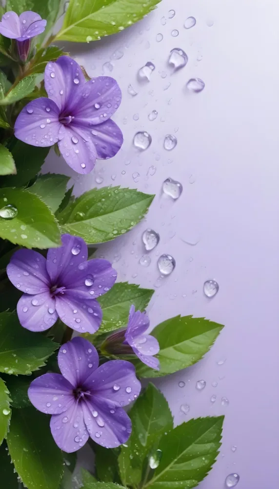 Purple Flowers And Green Leaves With Water Drops On A Light Purple Background Close Up Shot Vibrant Colors Refreshing Natural Light Clean Composition 31 Eaaa
