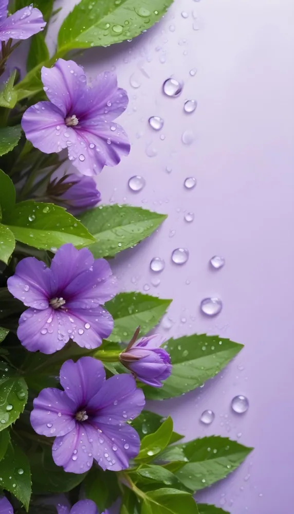 Purple Flowers And Green Leaves With Water Drops On A Light Purple Background Close Up Shot Vibrant Colors Refreshing Natural Light Clean Composition 54 691d
