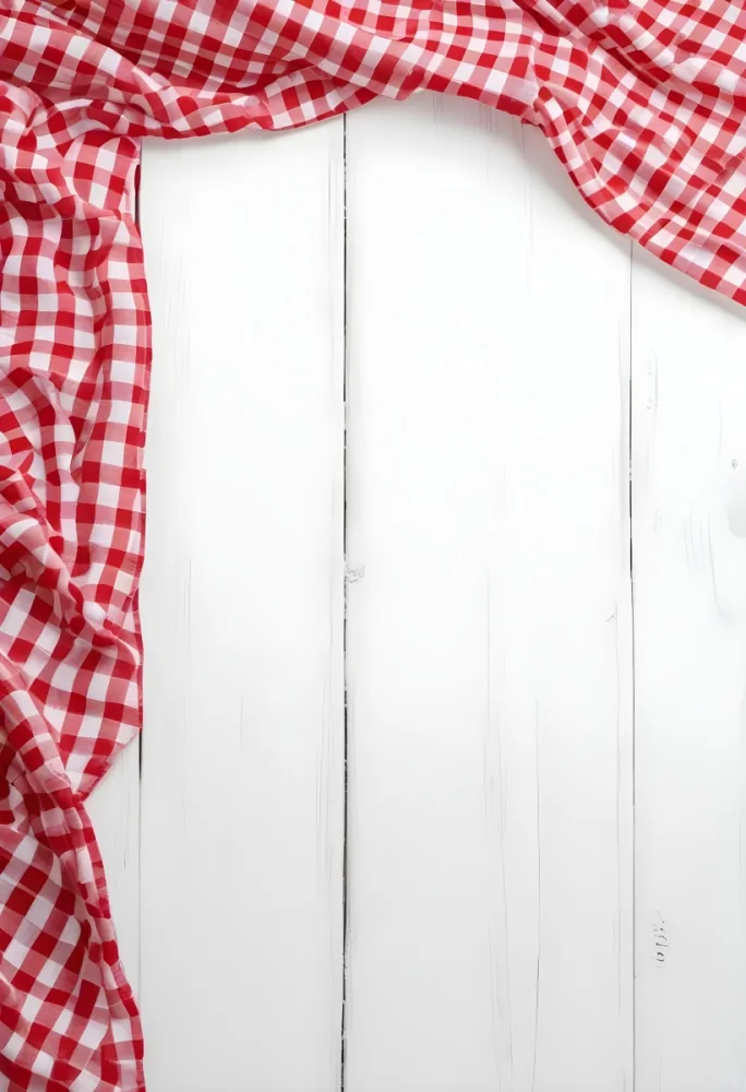 Red And White Checkered Tablecloth On A White Wooden Table The Tablecloth Is On The Center Blank Space In The Center 14 0c3d