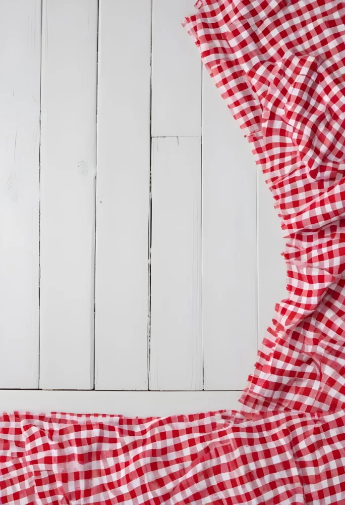 Red And White Checkered Tablecloth On A White Wooden Table The Tablecloth Is On The Center Blank Space In The Center 15 3a90