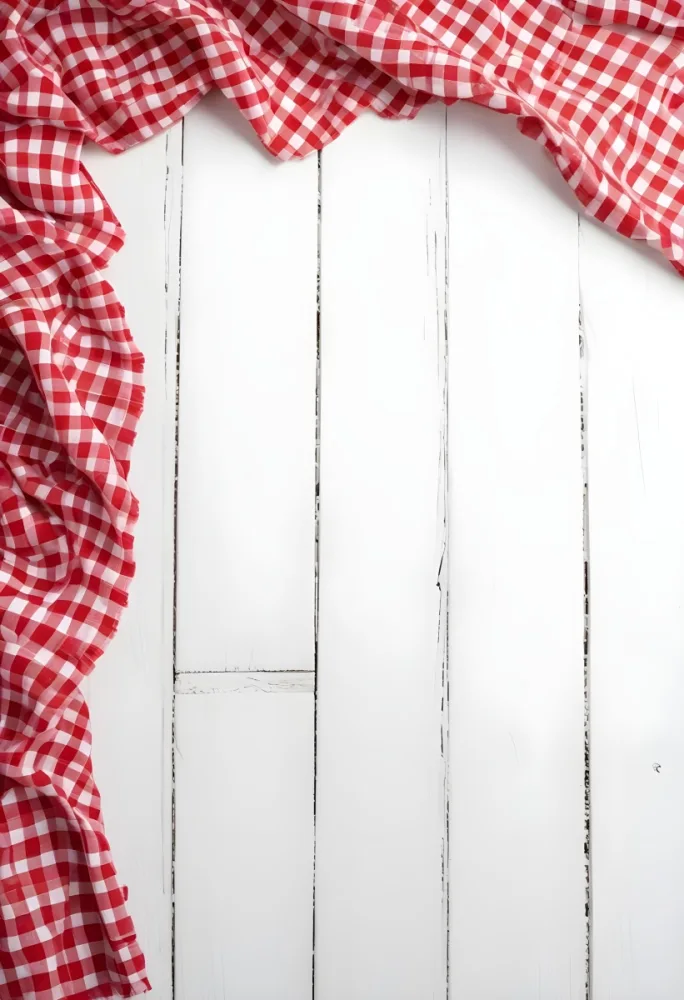 Red And White Checkered Tablecloth On A White Wooden Table The Tablecloth Is On The Center Blank Space In The Center 17 659b
