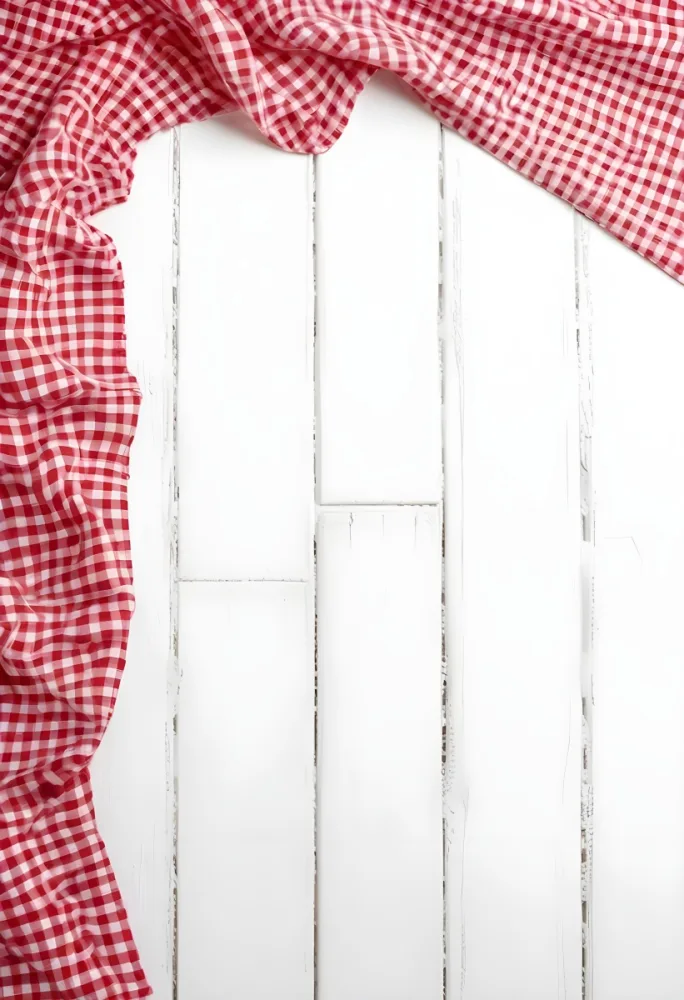 Red And White Checkered Tablecloth On A White Wooden Table The Tablecloth Is On The Center Blank Space In The Center 22 65ba