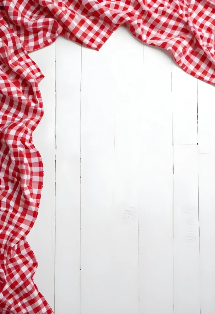 Red And White Checkered Tablecloth On A White Wooden Table The Tablecloth Is On The Center Blank Space In The Center 24 2738