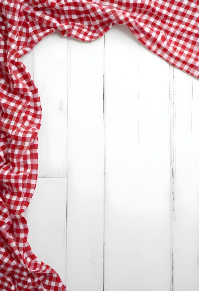 Red And White Checkered Tablecloth On A White Wooden Table The Tablecloth Is On The Center Blank Space In The Center 7 Efce