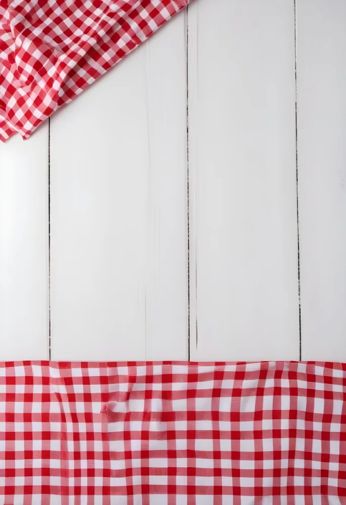 Red And White Checkered Tablecloth On A White Wooden Table The Tablecloth Is On The Center Blank Space In The Center 9 3590