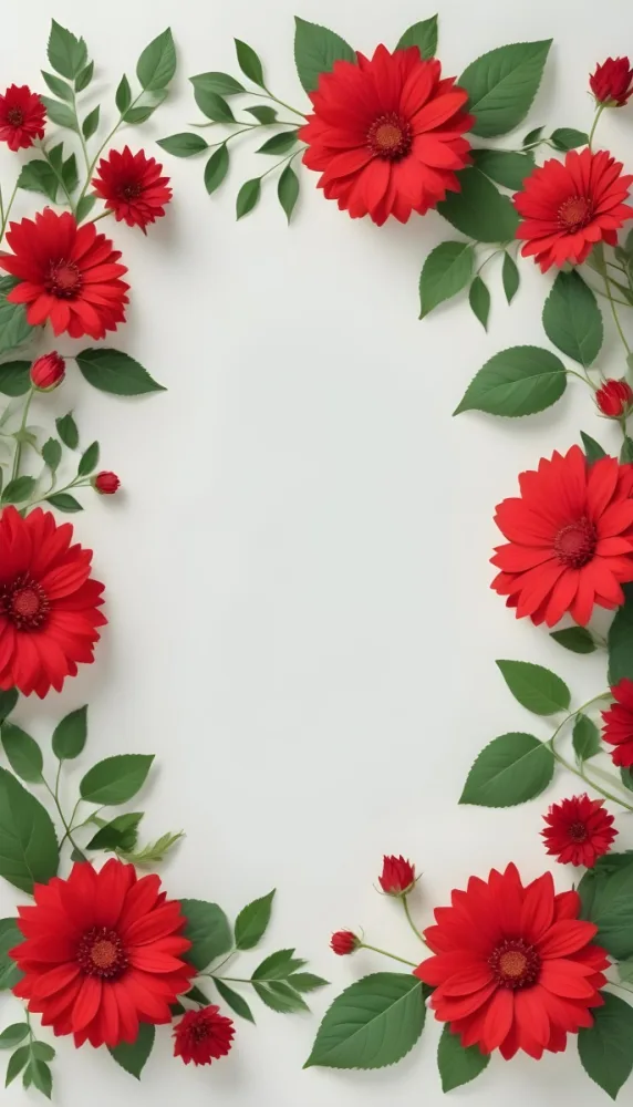 Red Flowers With Green Leaves On A Light Background Creating A Floral Frame 10 Ebe6