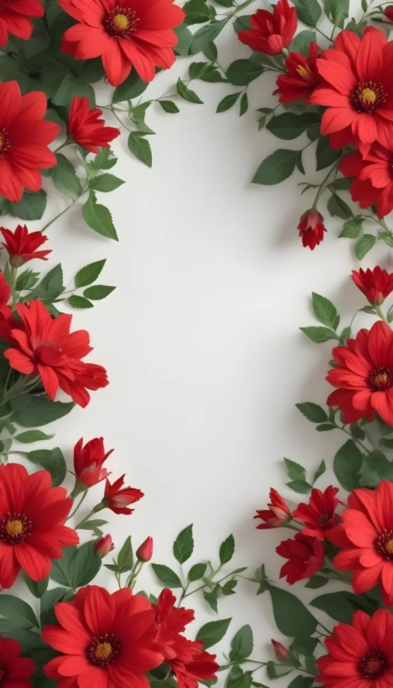 Red Flowers With Green Leaves On A Light Background Creating A Floral Frame 14 80bf