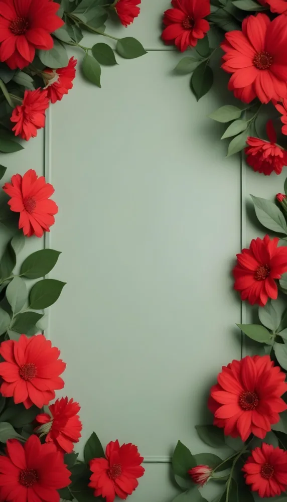 Red Flowers With Green Leaves On A Light Background Creating A Floral Frame 18 6442