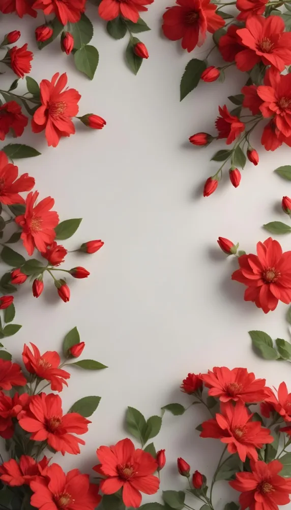 Red Flowers With Green Leaves On A Light Background Creating A Floral Frame 20 38e0