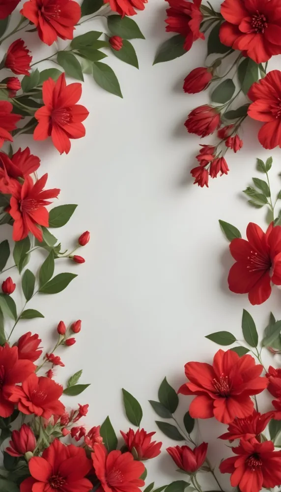 Red Flowers With Green Leaves On A Light Background Creating A Floral Frame 3 0886