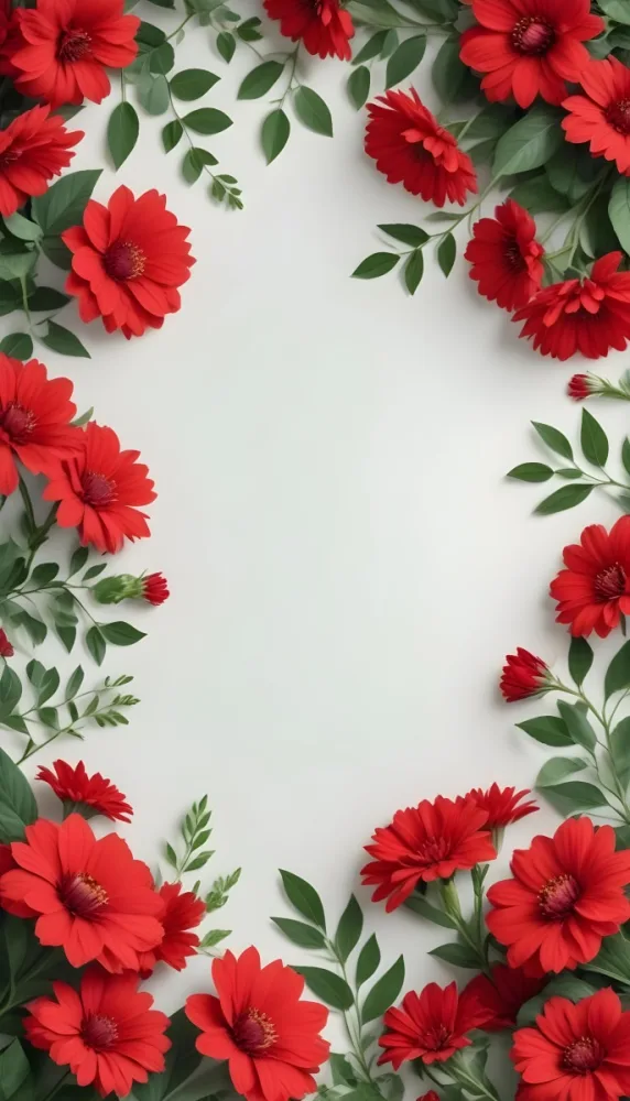 Red Flowers With Green Leaves On A Light Background Creating A Floral Frame 9 1ef3