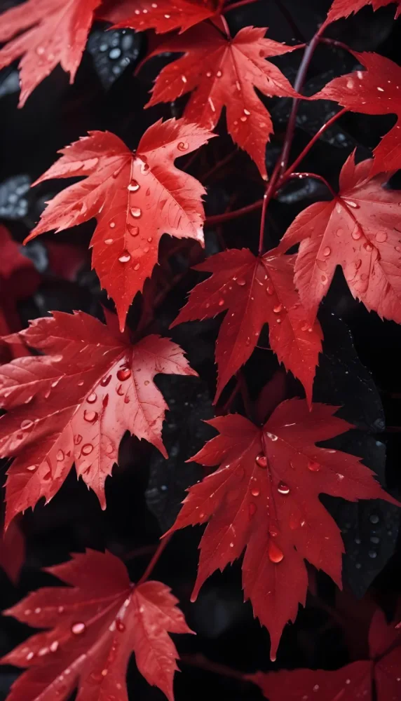 Red Leaves With Water Droplets On A Dark Background The Leaves Vary In Shape And Size Showcasing A Glossy Texture Due To The Moisture The Contrasting Dark Surface Enhances The Vibrant Red Color Of The Leaves 8 6b76
