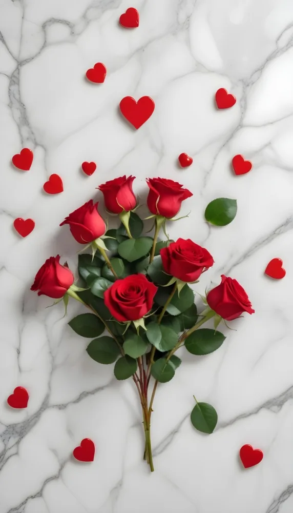Red Roses With Green Leaves Arranged On A Light Marble Surface Accompanied By Small Red Heart Shapes Scattered Around 11 6703