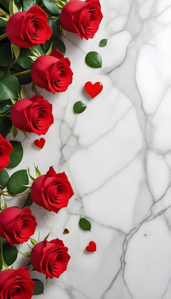 Red Roses With Green Leaves Arranged On A Light Marble Surface Accompanied By Small Red Heart Shapes Scattered Around 23 1b69