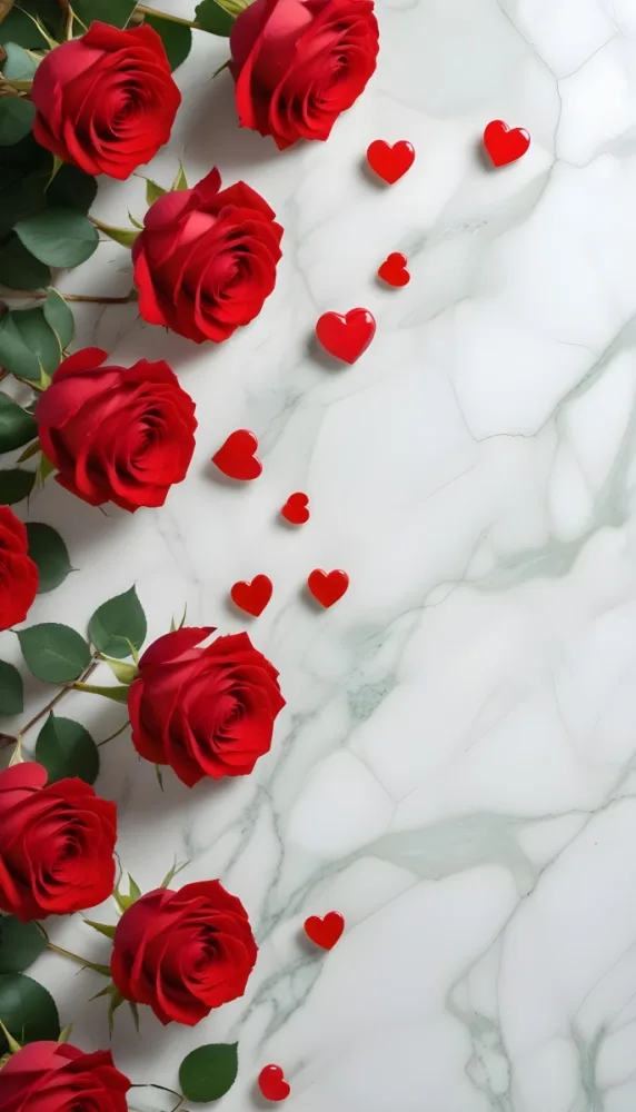 Red Roses With Green Leaves Arranged On A Light Marble Surface Accompanied By Small Red Heart Shapes Scattered Around 30 6705