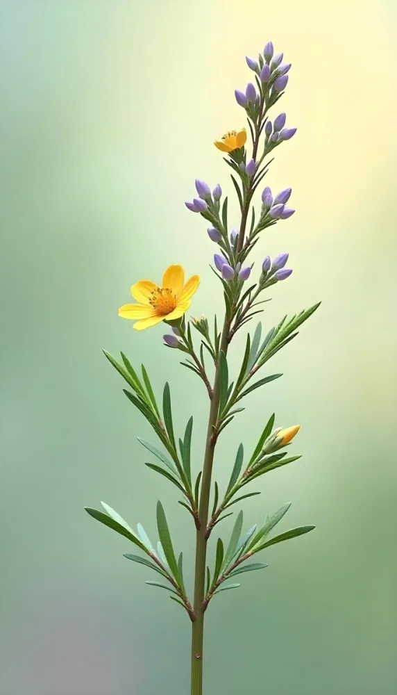 Rosemary Branch With Purple Leaves And Yellow Flowers Watercolor Style Soft Brushstrokes Light Green And Yellow Background Botanical Illustration Delicate Details Natural Light Fresh And Vibrant Colors 20 50ba