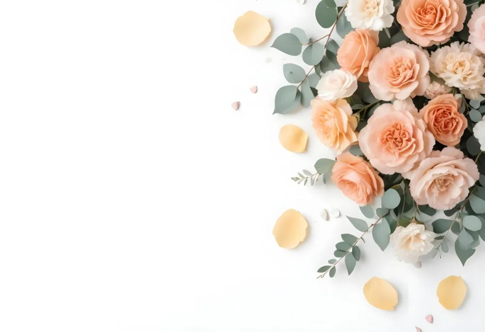 Roses Carnations And Eucalyptus Branches With White Petals Scattered On A White Background Flat Lay Top View Soft Lighting Pastel Colors 32 4bf1