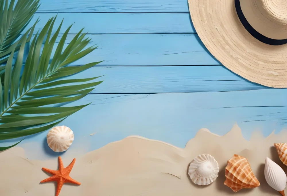 Seashells And Sand On A Blue Wooden Surface A Palm Leaf And A Straw Hat On The Top Right Corner Summer Concept 20 B2de