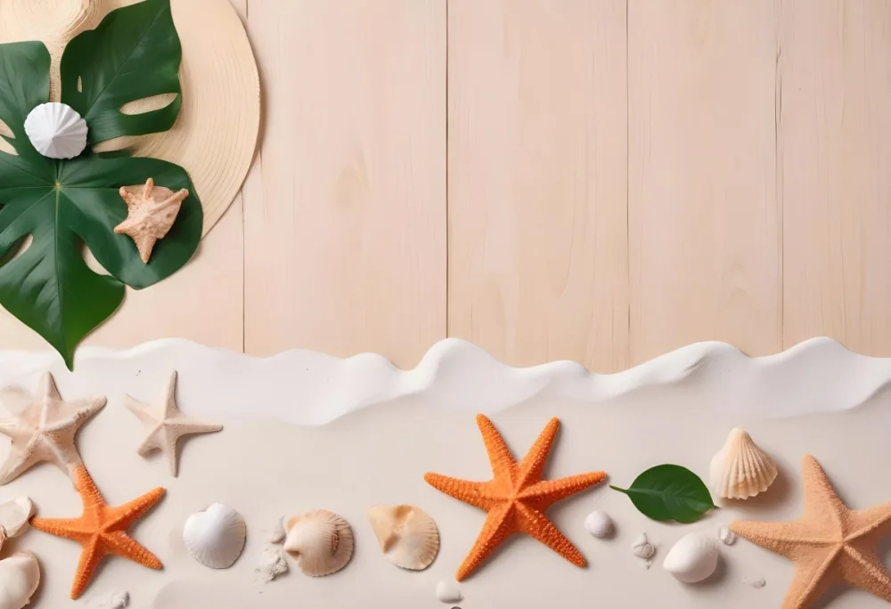 Seashells And Starfish On White Sand With A Hat And A Green Leaf On A White Wooden Surface 26 278e