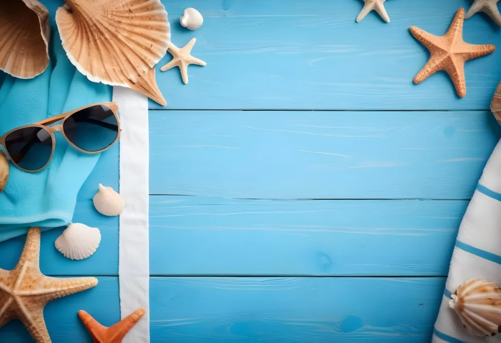 Seashells Starfish Sunglasses And Towel On A Blue Wooden Surface Summer Vacation Concept Beach Background 10 D660